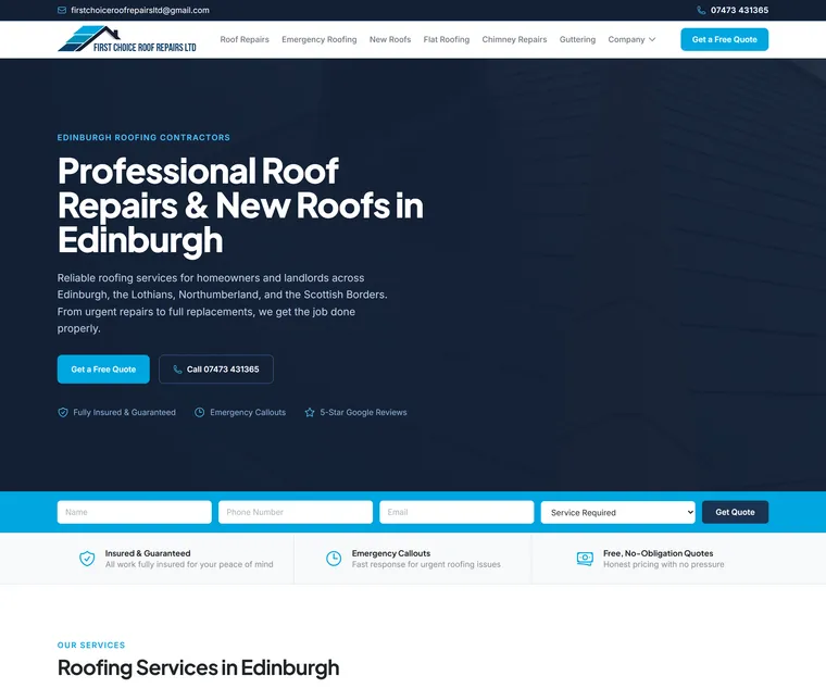First Choice Roof Repairs website, built by One Blue Pixel